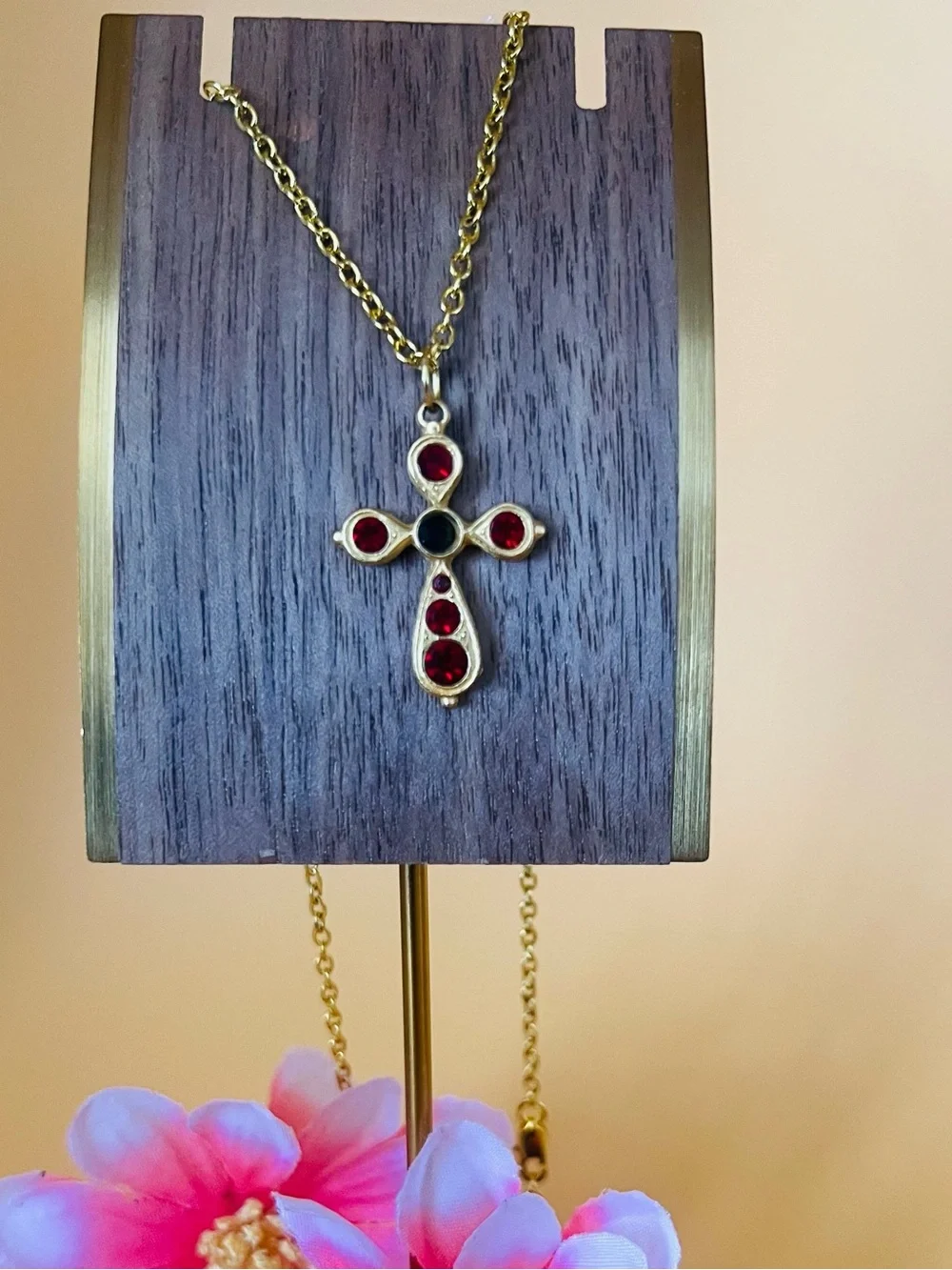 Gold Cross Pendant Necklace with Red Gemstones